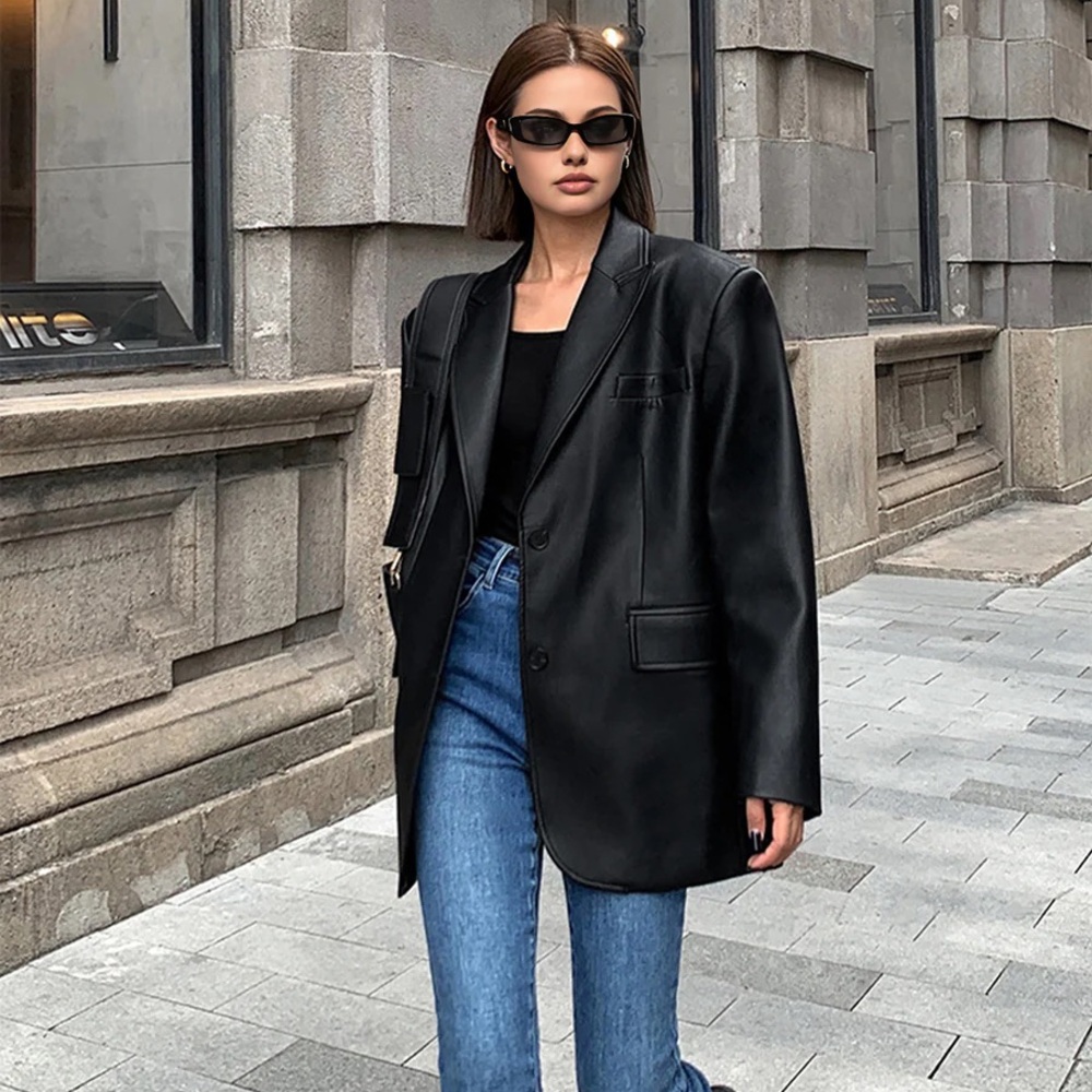 Commense Black Faux Leather Oversized Blazer